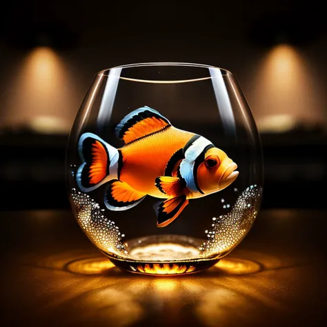 masterpiece, intricate photo, clownfish fish in a round glass on a table, background kitchen, hyper realistic, highly detailed, sharp focus, studio lighting, best quality, high resolution, 8K, <lora:ClownfishConcept:0.5>