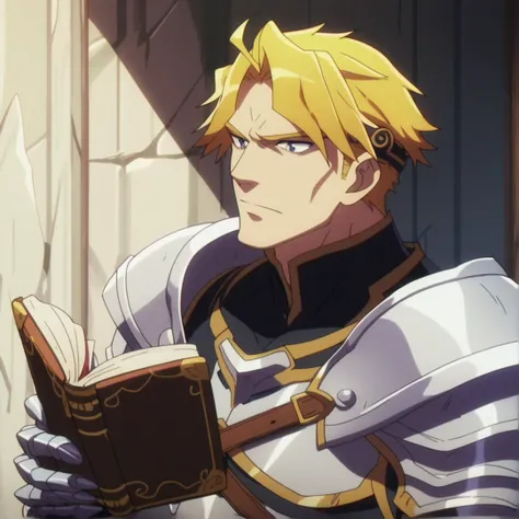 score_9, score_8_up, score_7_up, score_6_up, score_5_up, Overlord, screenshot, 1boy, solo, blonde hair, adventurer, armor, holding book, bust,