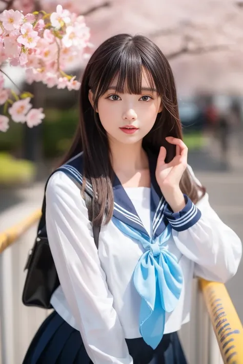 ltra-detailed,highly detailed,best quality,masterpiece,illustration, drawing, realistic, photorealistic,
1girl, solo, 
akebi, school uniform, serafuku, sailor collar, long sleeves, blue neckerchief, 
long hair, bangs, 
looking at viewer, upper body, 
outdo...