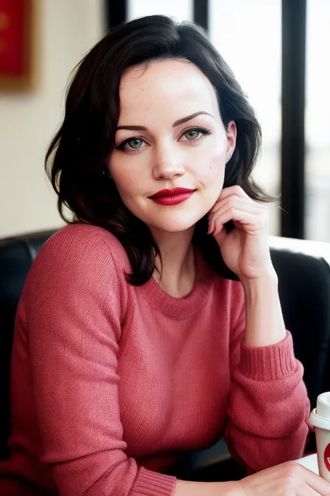 carlag-232, 21 year old woman, , ((red lipstick, blush, eyeliner, eye shadow)), ((masterpiece, best quality, extremely detailed, high resolution)), ((detailed eyes, detailed face):1.2), , photo of a woman, coffee shop, coffee mug, table, window, sitting, s...