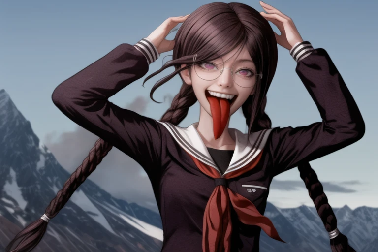 <lora:add_detail:1>, Best quality, masterpiece, ultra high res, (photorealistic:1.4), photo, photograph, solo, photo, photograph, 1girl, solo,  <lora:Toko_Fukawa_and_Sho_SD15:1>, Genocider Sho, Danganronpa 1 Uniform, maniacally smiling, tongue out, red eye...