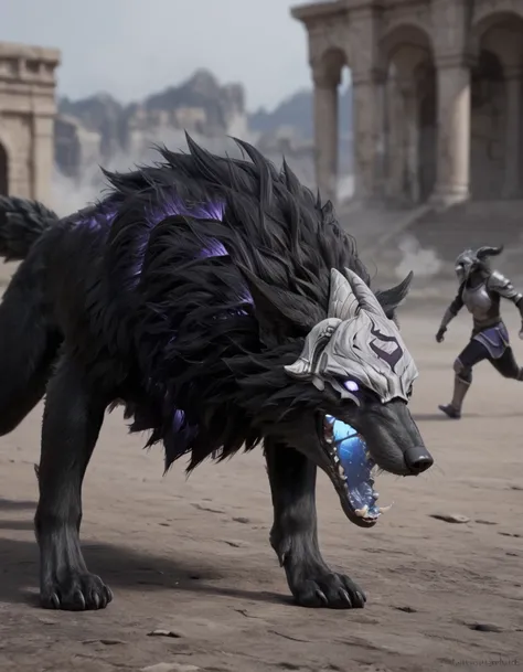 <lora:Kindred_Wolf_LoL:0.7> animal, wolf, kindrdwlf, black fur, purple glow, mask, middle shot, glowing, tail, wolf ears, animal focus, sleeping, canine, maw, fangs, running, attacking, hunting, running, glowing eyes, motion blur, close up, action pose, dy...