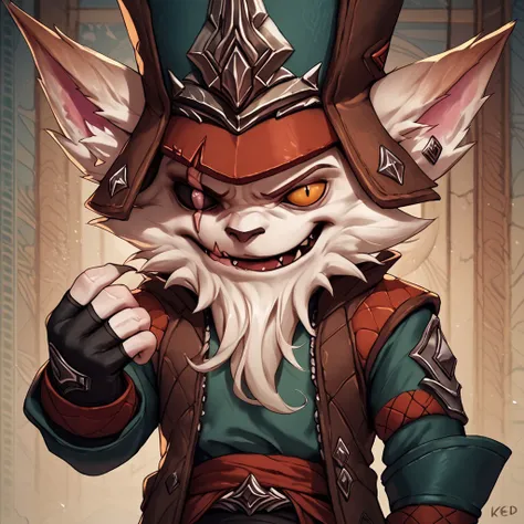 score_9, score_8_up, score_7_up, detailed background, Kled, Yordle, scar across eye, colored sclera, hat, brown pants, fingerless gloves, 