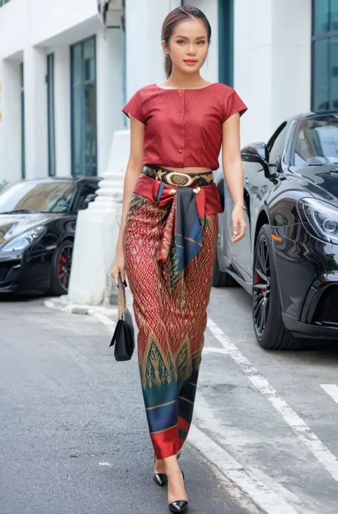 A Thai female standing on the street, wearing a traditional red blouse and a smoothly ironed patterned sarong with intricate designs in dark colors for formality, She has a Thai metallic belt around her waist, and her outfit is complemented by black high h...