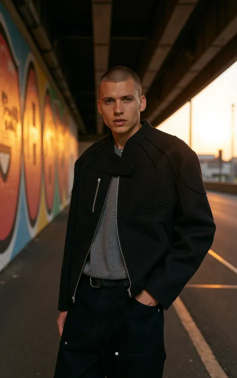 Under a bridge, a man leans casually against a graffiti-covered wall, his Wool_Racing_Jacket fitting perfectly into the urban landscape. The setting sun casts long shadows, and the golden light emphasizes the texture of the jacket. His expression is calm y...