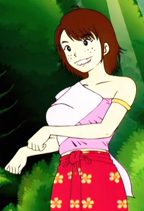 score_9, score_8_up, score_7_up, score_6_up, source_anime, anime screencap, best quality, kaeo, brown hair, short hair, black eyes,overbite,teeth,freckles,bare shoulders,large breasts,thai traditional dress, pink thai traditional dress, pants, paw pose det...