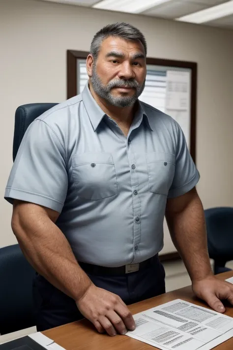 voluptuous inuit man, work shirt, government office