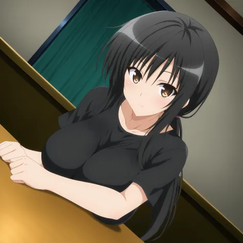 (masterpiece), best quality, expressive eyes, perfect face, cowboy shot, dutch angle, looking at viewer,  ((black top,  (((deep neckline1.4))), looking at the viewer, Dutch angle, leaning on a table, solo focus, low ponytail, yui kotegawa, black hair, brow...