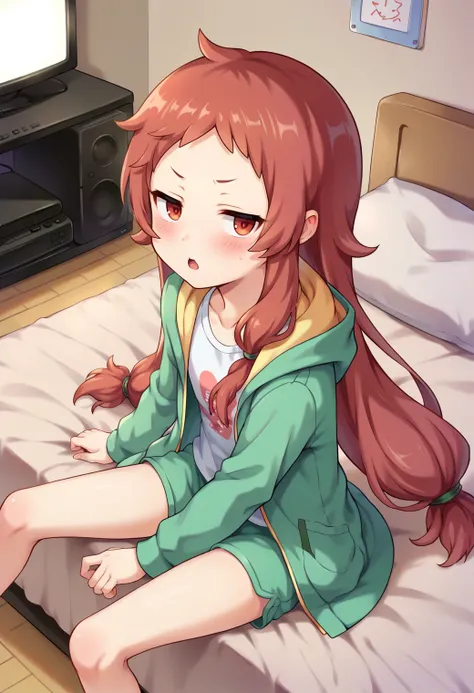 score_9, score_7_up, hd, (ultra hd quality details), source_anime, bedroom, indoors, television, game console, 
solo, 1girl, rlrin, red hair, low-tied long hair,
hood down, hooded jacket, open jacket, green jacket, white shirt, short shorts, green shorts,
...