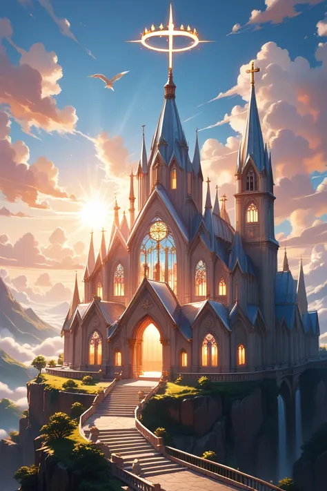 score_9, score_8_up, score_7_up, source_anime, rating_safe, day, natural lighting, white bird, dove, fantasy-church structure focus, Dachurch, Dachurch_cross, Dachurch_tower, no humans, halo, god ray, sunbeam, heavenly, intricately detailed illustration, l...