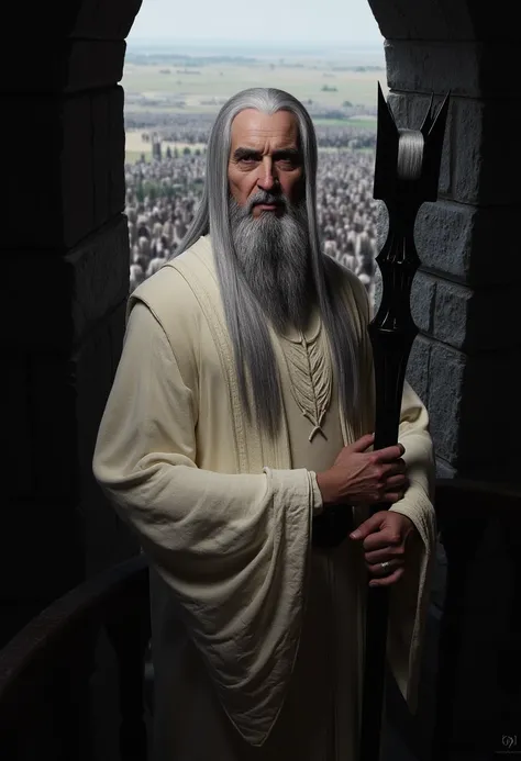 Saru_man_LOTR, Saruman is shown standing at the balcony of Orthanc, watching his Uruk-hai army gather below. His hands grip the railing, and his steely gaze scans the mass of soldiers with satisfaction. His white robes contrast starkly against the black st...