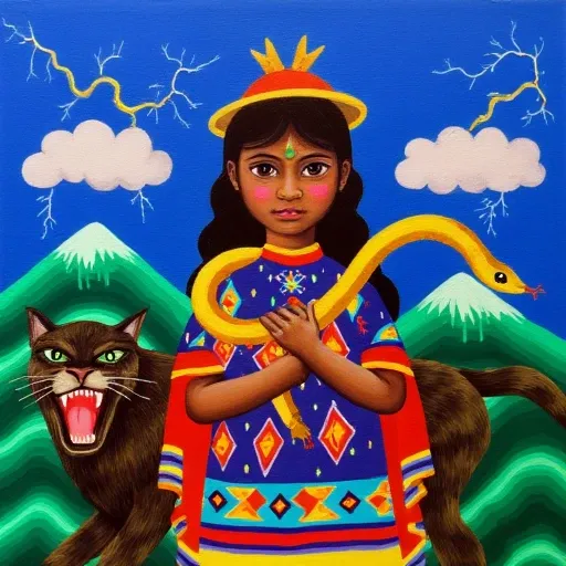 An indigenous dark skinned boy. He wears traditional andean clothes with geometrical patterns and is holding a yellow snake. There is a roaring puma, green mountains and  a blue sky with clouds and thunders.