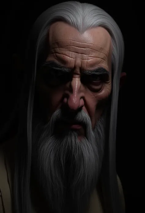 Saru_man_LOTR, A close-up of Sarumanâs face as he uses his enchanting voice to manipulate King ThÃ©oden from afar. His eyes narrow in concentration, his lips moving slowly as he whispers words of control. His voice is soft, yet carries immense power, and...