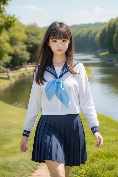 ltra-detailed,highly detailed,best quality,masterpiece,illustration, drawing, realistic, photorealistic,
1girl, solo, 
akebi, school uniform, serafuku, sailor collar, long sleeves, pleated skirt, blue neckerchief, 
long hair, bangs, 
looking at viewer, wal...