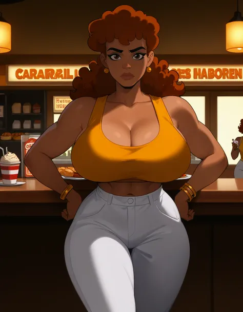 score_9, score_8_up, score_7_up, score_6_up, BarGorCaCru, 
solo, dark brown eyes, earrings, curly hair, cleavage, dark-skinned female,
hand on own hip, yellow tube top, bare shoulders, midriff, white pants, black footwear, bracelet, sleeveless,
gigantic br...