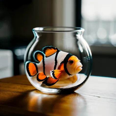 masterpiece, intricate photo, clownfish fish in a round glass on a kitchen table, background bright white professional kitchen, hyper realistic, highly detailed, sharp focus, studio lighting, best quality, high resolution, 8K, <lora:ClownfishConcept:0.5>