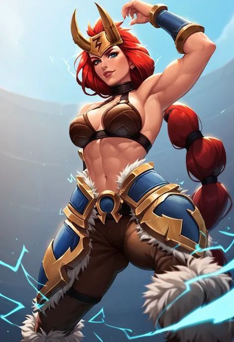 FreyaBattlerite,1girl,solo, red hair,long hair,long braid,armor,large breast,horns,navel,blue eyes,bare shoulders,cleavage,muscular female,biceps,abs,boots,pants,midriff,fur trim,faulds,electricity,bracer,helmet,pelvic curtan,bikini armor,seductive pose,se...