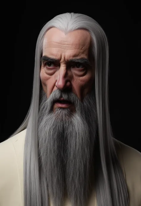 Saru_man_LOTR, A close-up of Sarumanâs face as he speaks during a secret council with his followers in Orthanc. His eyes are shadowed but gleam with ambition, his voice dripping with confidence as he declares his plan to ally with Sauron. His beard moves...