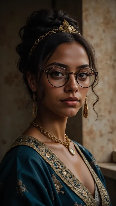 Enchanting Tudor Female of Envy, Malian Glasses Chain, shallow depth of field, soft light,aidmaSD1.5woman