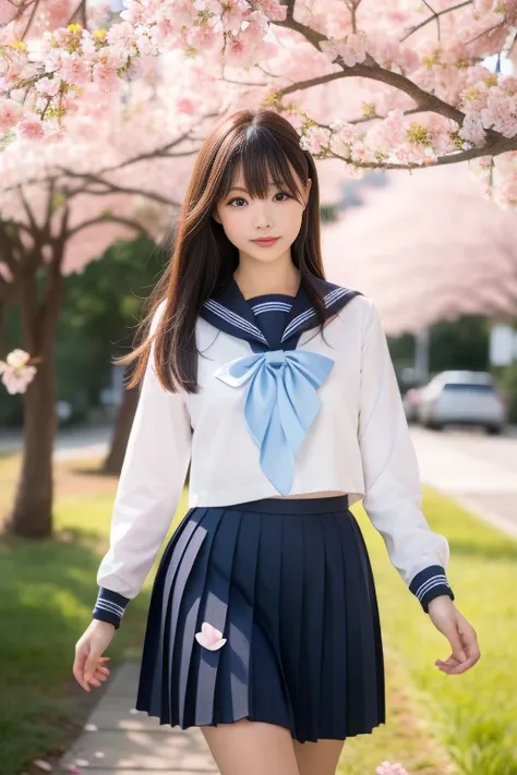 ltra-detailed,highly detailed,best quality,masterpiece,illustration, drawing, realistic, photorealistic,
1girl, solo, 
akebi, school uniform, serafuku, sailor collar, long sleeves, pleated skirt, blue neckerchief, 
long hair, bangs, 
looking at viewer, wal...