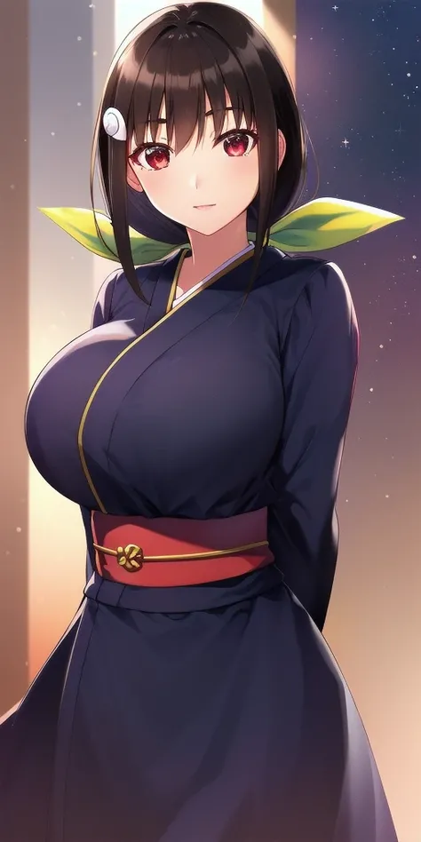 <lora:mayoi_hachikujiV3:0.7> mayoi_hachikuji_low_ponytail, huge_breasts, standing, solo, arms_behind_back, starry_sky,  kimono, green_hair_ribbon, hairclip, masterpiece, best_quality, detailed_face, detailed_eyes, highres, beautiful, detailed, absurdres,