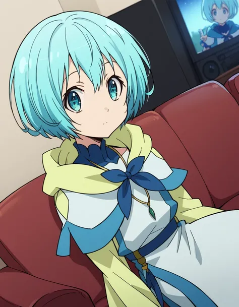 score_9, score_8_up, score_7_up, source_anime, <lora:lelei-ia-lalena-s1s2-ponyxl-lora-nochekaiser_r1:1>, lelei ia lalena, short hair, blue hair, aqua hair, hair between eyes, blue eyes,, dress, necklace, robe,, living room, television, couch, popcorn, watc...