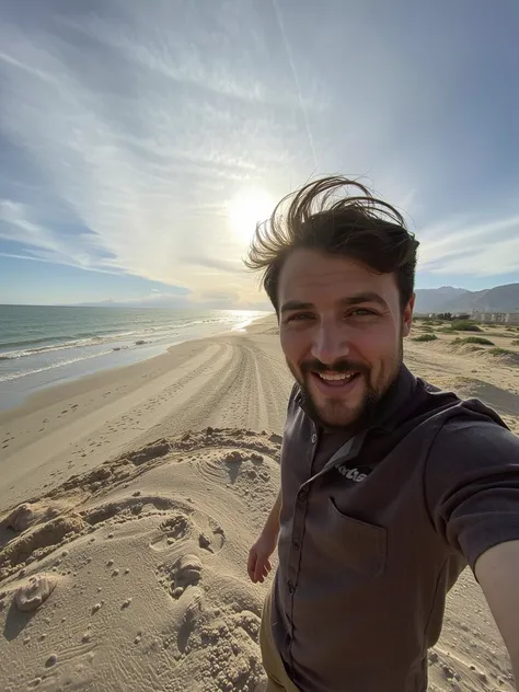 iphone photo Closeup of a man on the beach, wide-angle lens capturing the stretch of sand and the vast ocean behind him, his face slightly exaggerated. Sunlight reflecting off the waves, soft golden hues in the sand, footprints trailing into the distance. ...