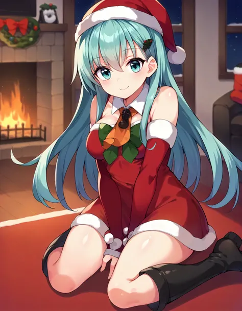 score_9,score_8_up,score_7_up,1girl,solo,indoors,fireplace,night,sitting,smile,closed mouth,leaning forward,
<lora:kcsuzuya_ponyXLV6:0.8>,kcsuzuya,
aqua hair,long hair,aqua eyes,medium breasts,
santa hat,hairclip,ascot,detached collar,red dress,bare should...