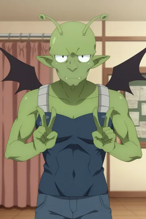 Demon Two, 1boy, demon, antennas, green skin, anime coloring, solo  rating_safe, indoors, double_V <lora:Ishuzoku_Reviewers-Demon_Two-PDXLv2:0.8>