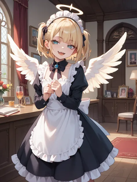 score_9, score_8_up, score_7_up,
masterpiece, best quality,
indoors, 1girl, smug, fangs, angel, angel wings, gothic,maid,