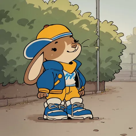 score_7_up, score_8_up, score_9, masterpiece, high quality, backwards Yellow cap, blue jacket, white shirt with blue design, blue shoes, yellow pants, yellow neck cover, short stack, bunny, anthro, furry, dot eyes, Untied shoelaces, female, Brown fur, at t...