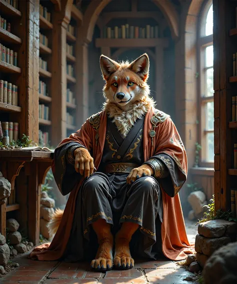 <lora:animan_01:1.2>,animanflux,This is a highly detailed realistic candid photography depicting an anthropomorphic animal figure.In an ancient library, an anthropomorphic fox character sits at a massive oak desk. The fox has soft orange fur and sharp gree...