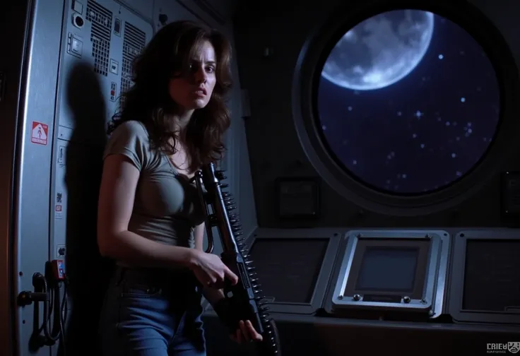 Retro Sci-fi Film Screengrab. A woman leans against a wall of display planels and wires. She seems frustrated and is holding a machine gun. Spacecraft interior with a round window viewing space and stars.