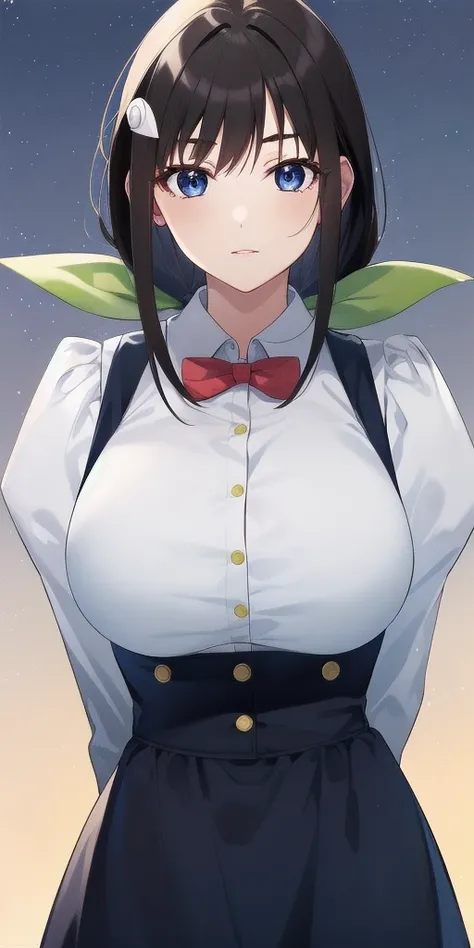 <lora:mayoi_hachikujiV3:0.7> mayoi_hachikuji_low_ponytail, huge_breasts, standing, solo, arms_behind_back, starry_sky,  white_shirt_blue_suspender_skirt_juliet_sleeves_frills_red_bowtie, green_hair_ribbon, hairclip, masterpiece, best_quality, detailed_face...