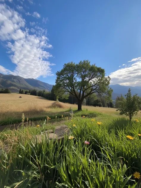 iPhone photo, Wide landscape, rolling green hills, golden wheat fields, vibrant blue sky with soft, wispy clouds, distant mountains fading into the horizon, sunlight casting warm, golden tones across the scene. A large, solitary tree standing at the edge o...