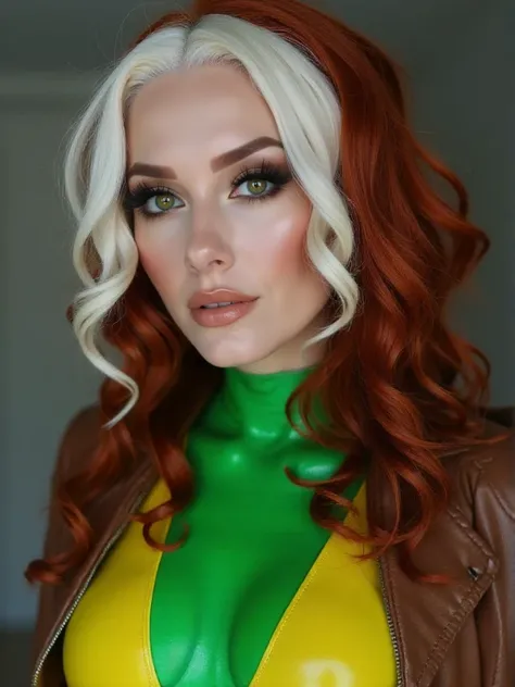 Rogue is a woman wearing a green and yellow bodysuit costume, Front strands of white hair, Redhead. She wears a brown leather jacket.higheels.Closeup face portrait<lora:Rogue:0.9>