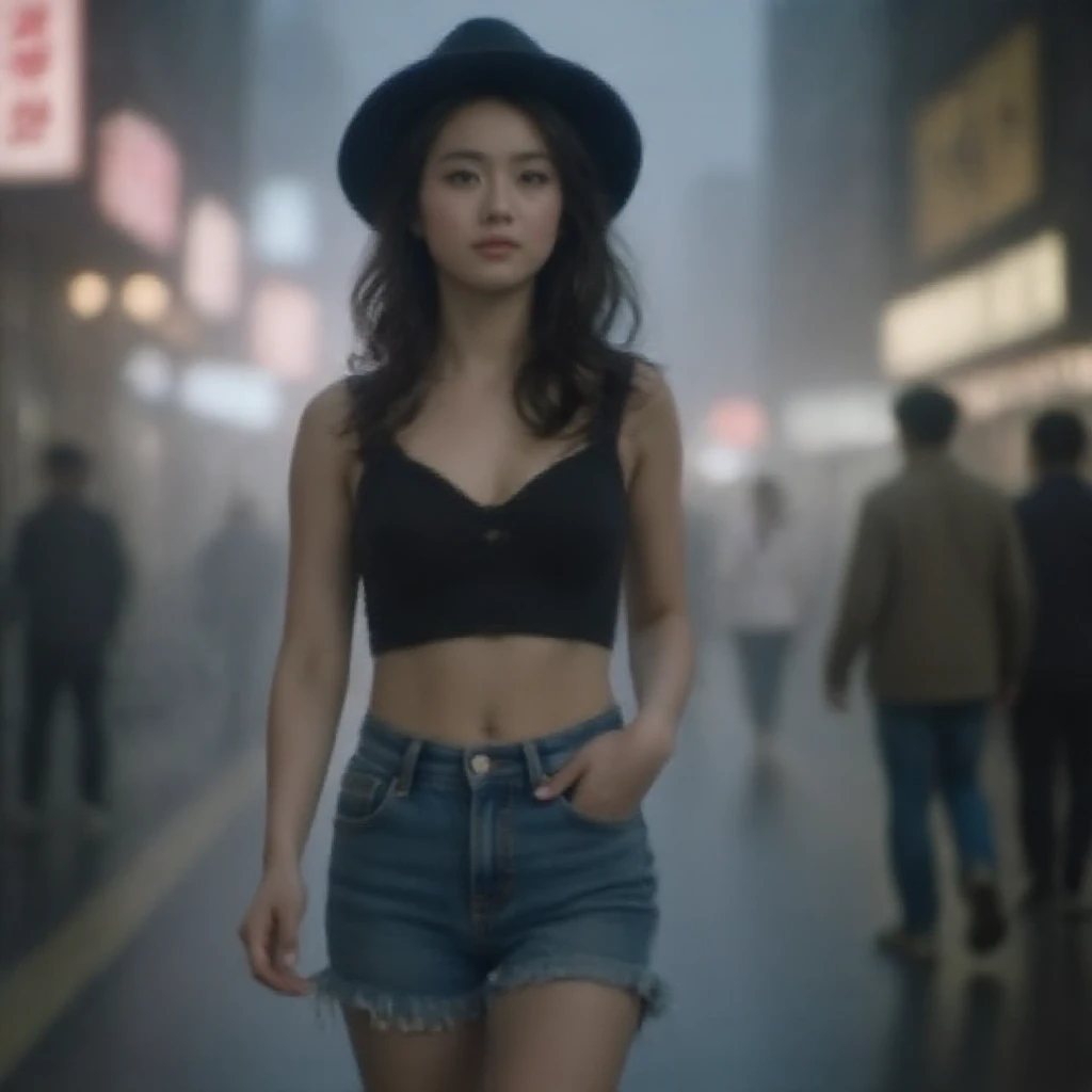 cinematic film still 1girl, blue jean shorts, (photorealistic:1.4), k-pop idol, (18-year-old korean beautiful girl), (in the Japanese city) front view or side view, random pose, cowboy shot, Dynamic angle,  <lora:chinesegirl01:1> . shallow depth of field, ...