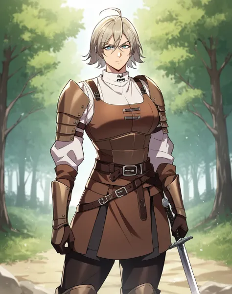 lena_knight, short hair, light brown hair, grey eyes, muscular female, tomboy,  manhwa,  armor clothes, armor  BREAK outdoors, forest, medieval BREAK looking at viewer, serious face, combat pose, sword, holding sword, BREAK score_9, score_8_up, score_7_up,...