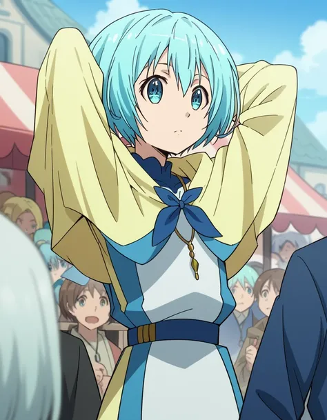 score_9, score_8_up, score_7_up, source_anime, <lora:lelei-ia-lalena-s1s2-ponyxl-lora-nochekaiser_r1:1>, lelei ia lalena, short hair, blue hair, aqua hair, hair between eyes, blue eyes,, dress, necklace, robe,, street market, vendor, street food, bustling ...