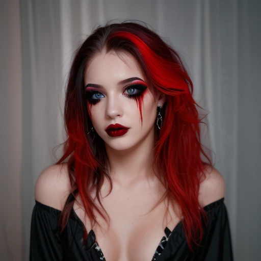 1girl, long hair, freckles, eyeshadow, streaked hair, breasts, cleavage, red hair, goth, earrings