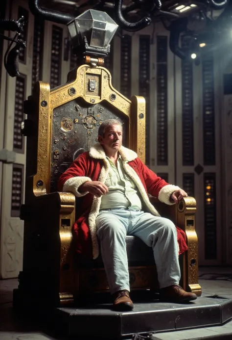 Retro High fantasy film screengrab.

In a dimly lit throne room, a fat white haired king sits on a large golden throne with ornate etchings and jeweled trim. The throne is a sci-fi machinery with lights and wires with dark tubes and terrifying mechanisms.
...