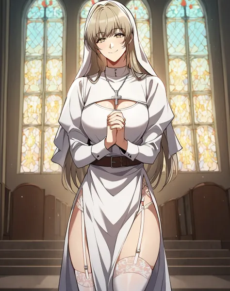 lena_priestess, light brown hair, long hair, light brown eyes, loose hair, manhwa, white nun outfit, white dress, cross,cross necklace,  cleavage cutout, white veil, white pelvic curtain, white thighhighs , lace-trimmed thighhighs, gater straps, BREAK  ind...