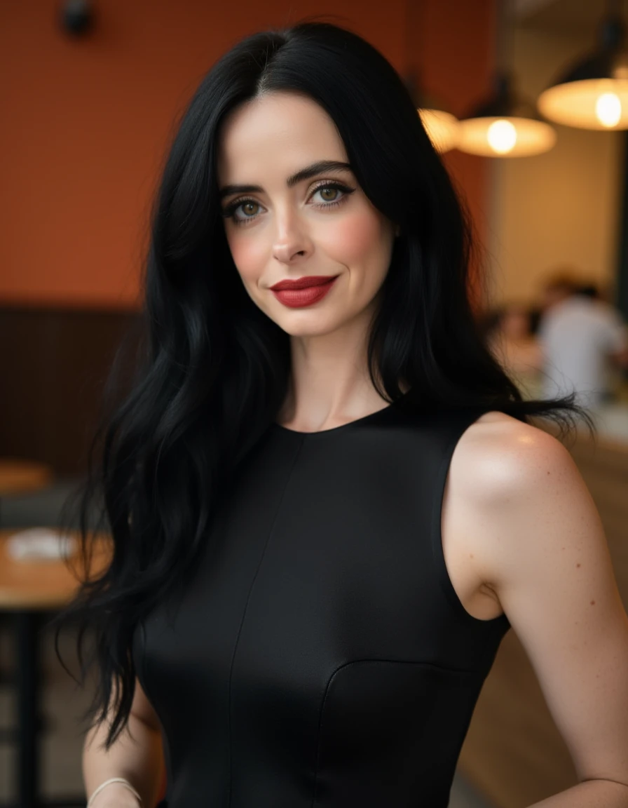 <lora:Krysten_Ritter_Flux:1> The image is a high-resolution photograph of a woman she has striking looks, She has long  jet-black hair, matte lipstick. Her eyes are a striking blue, almond-shaped green eyes and a slender, modern look, She has a symmetrical...