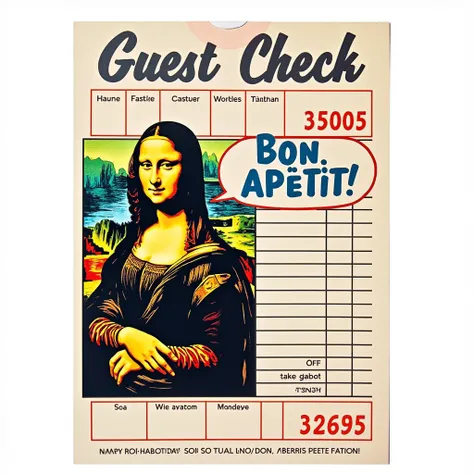 Iconic (Mona Lisa:1.5) reimagined on a (guest check style restaurant receipt:1.3), featuring bold comic-style outlines and vibrant colors in the style of (Roy Lichtenstein:1.4). Emphasize her enigmatic smile with (speech bubble:1.2) saying “(Bon Appétit:1....