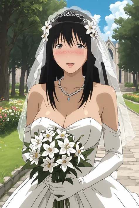 score_9,score_8_up,score_7_up, BREAK Kanako_OONO, 1girl, solo, long hair, black hair, blush, (very large breasts), (grey eyes), mole under eye, mole under mouth, sidelocks BREAK wedding dress, breasts, flower, solo, dress, gloves, open mouth,smile, grin,cr...