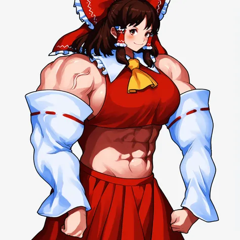 source_anime, score_9, score_8_up, score_7_up, <lora:BuffRikuMeme.safetensors:1.0>, buffriku, 1girl, cowboy shot, hakurei reimu, solo, 1girl, muscular, muscular female, biceps, clenched hands, veins, brown hair, brown eyes, frilled bow, frilled hair tubes,...