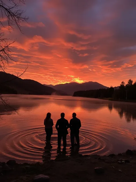 iphone photo. group of friends standing in a lake, dark, shadowy figures silhouetted against a deep red sunset, water reflecting...