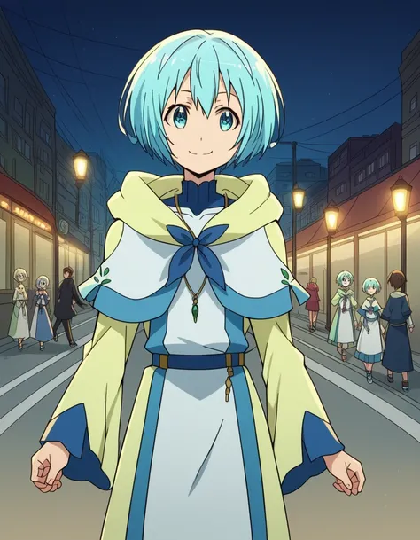 score_9, score_8_up, score_7_up, source_anime, <lora:lelei-ia-lalena-s1s2-ponyxl-lora-nochekaiser_r1:1>, lelei ia lalena, short hair, blue hair, aqua hair, hair between eyes, blue eyes,, dress, necklace, robe,, city street, evening, streetlights, walking d...