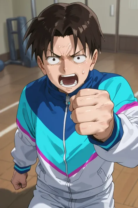 score_9,score_8_up, score_7_up, score_6_up,
takenaka momozo, brown hair, black eyes, 1boy, male focus, solo, open mouth, jacket, sweat, track jacket, long sleeves, clenched hands, clenched hand, shouting