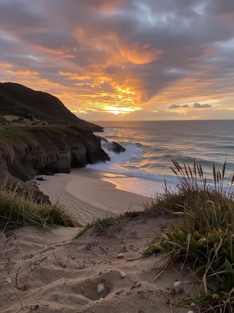 iphone photo, coastal landscape, rugged cliffs, crashing waves, sea spray, golden sandy beach stretching into the distance, turq...